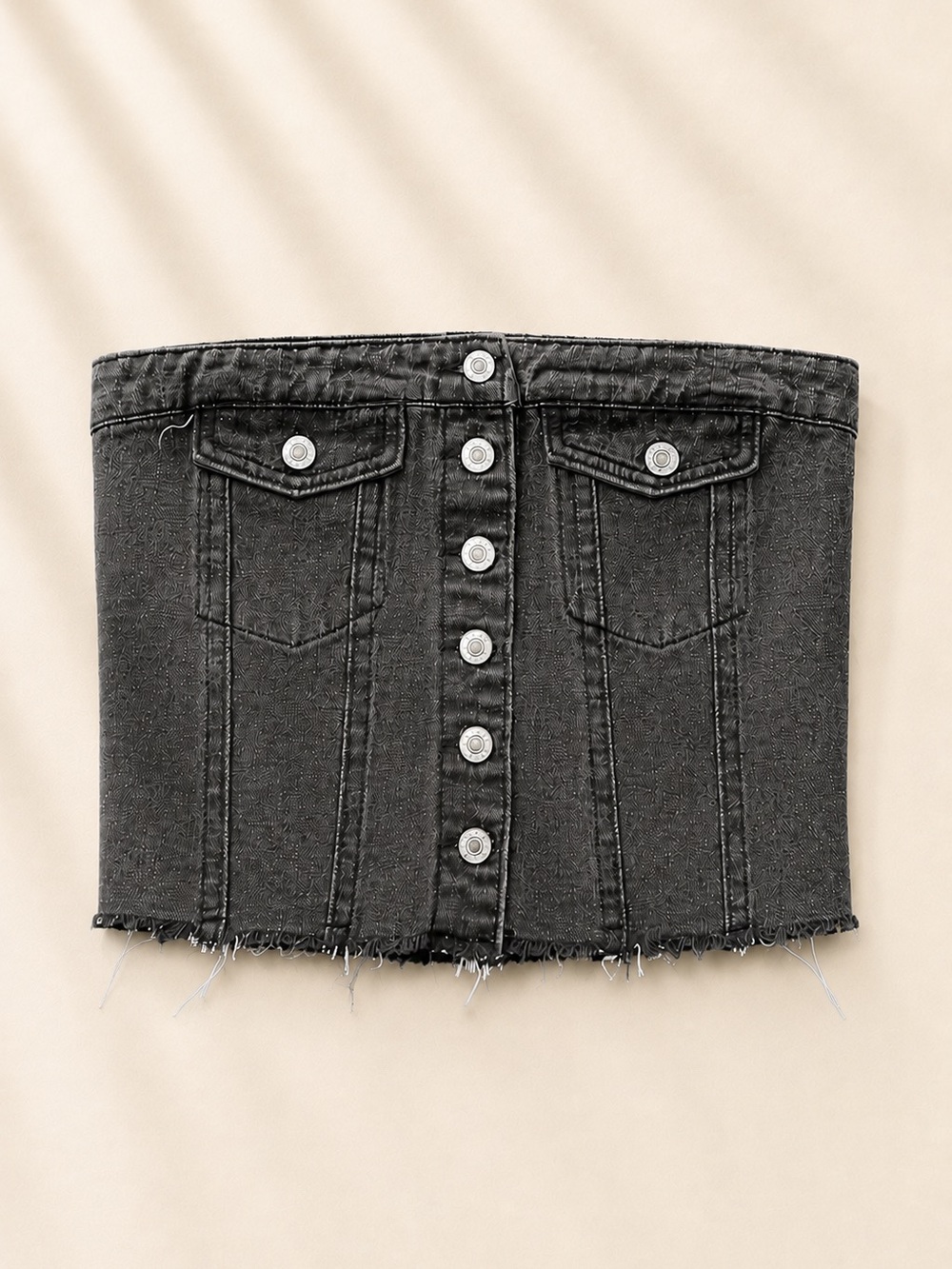 Black Denim Button-Front Tube Shorts
